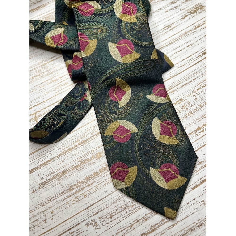 Vintage SILK Tie Pink Green Paisley‎ Geometric Artsy Funky Unique